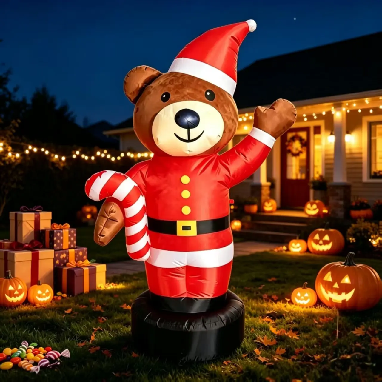 1.8 Meter Christmas Bear Staff Inflatable Decoration, Outdoor Santa Claus Yard Lawn Ornament, Festive Holiday Setup Props