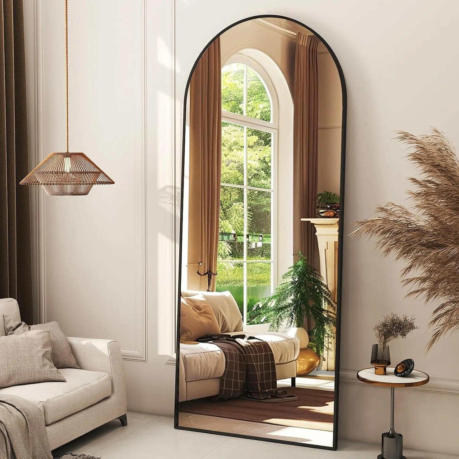56"x21" Arched Full Length Mirror Floor Mirrors with Aluminum Alloy Frame Free-Standing Wall Mounted Floor Mirrors or Large Dressing Mirror, Black Mirror Full Length