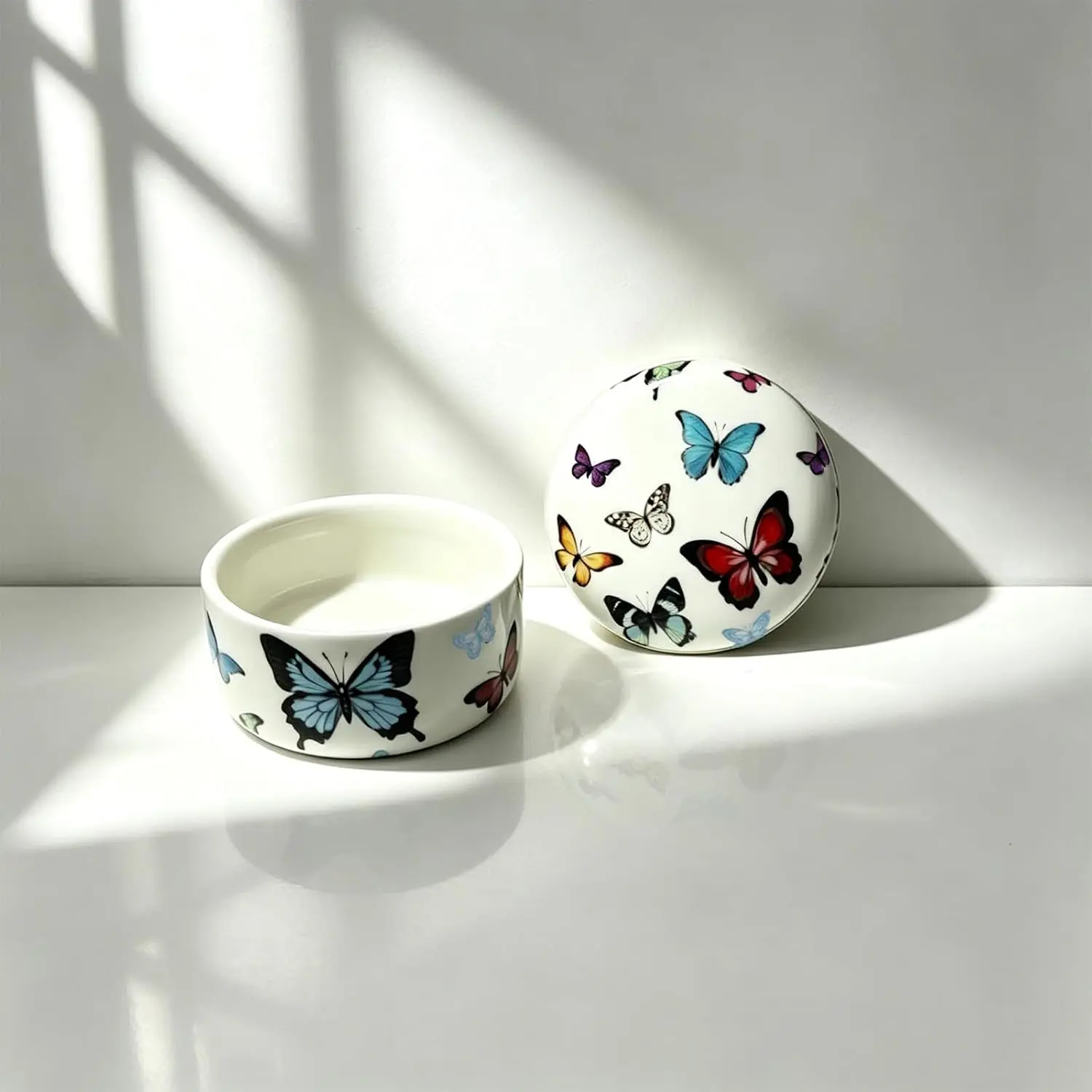 Smooth Glossy Ceramic Butterfly Print Round Trinket Storage Box with Snug-Fit Lid, Compact Modern Home Organizer for Women’s Jewelry, Desktop Decor & Birthday Gift Idea, High-Quality Ceramic