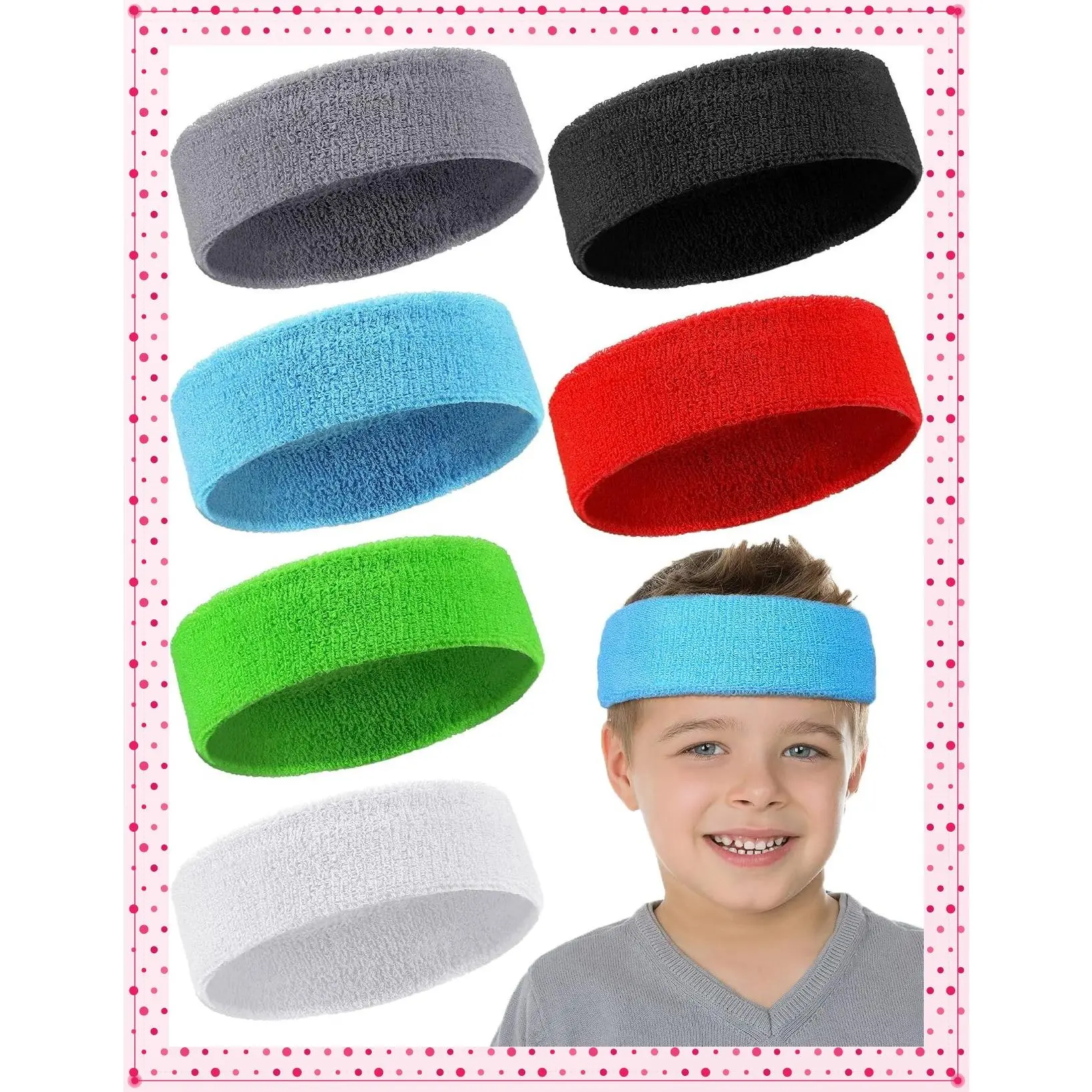 6 Pcs Kids Sweatbands for Sports Colorful Kids Headbands | Terry Cloth Sweatbands Over 5 Years Old Boys Athletic Youth Headbands Summer Sports Running Accessories for Team GiftGift