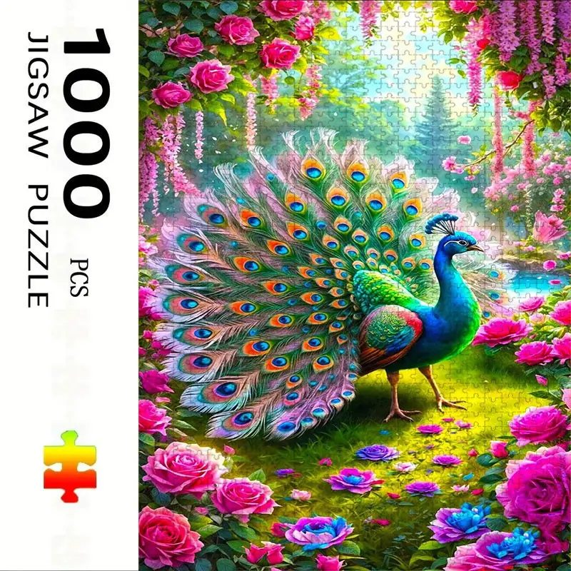 1000 Piece Peacock Puzzle, Large Adult Family Interactive Toy, DIY Home Decor Brain Challenge, Festive Scene, Durable Puzzle