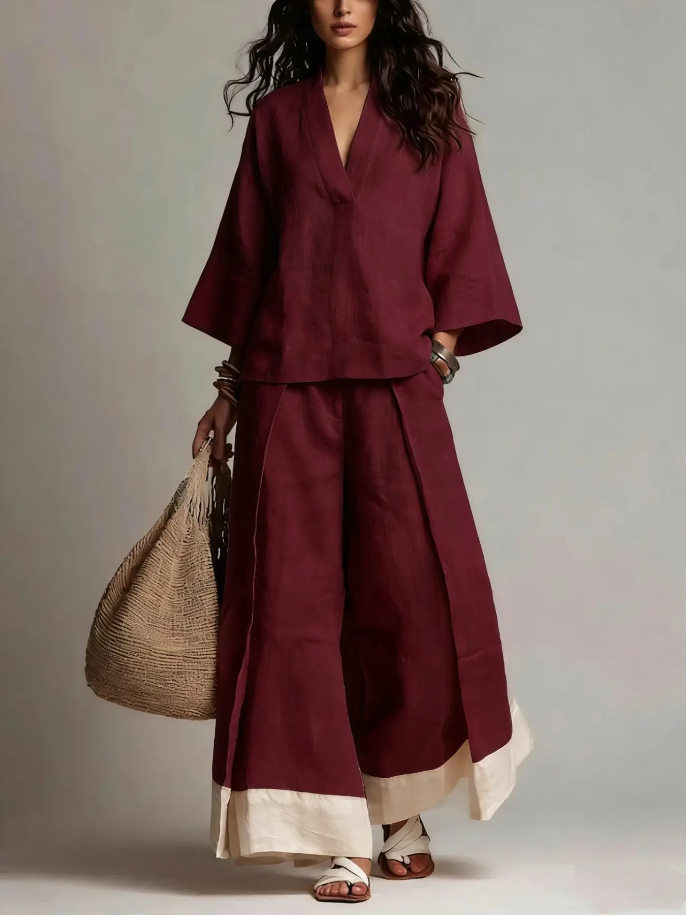 【XX72 Exclusive】 2026 SpringFall French V-Neck Linen-Look Shirt Set | 3/4 Sleeve Blouse & Wide Leg Pants Two-Piece Outfit