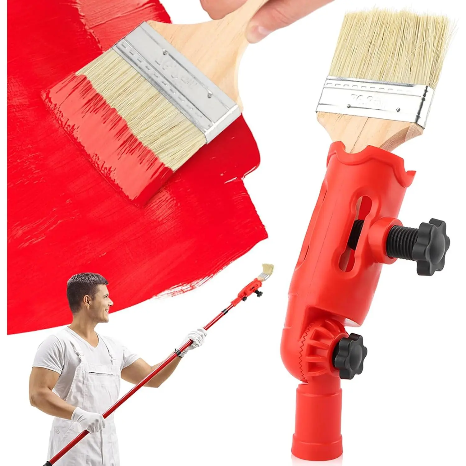 Multi-Angle  Brush Extender with Wooden Handle Paintbrush for High Ceiling Walls Corners Edges can Fixing  Standard Threaded Extension Rod fits Painting Roller Scraper (Color:Red)