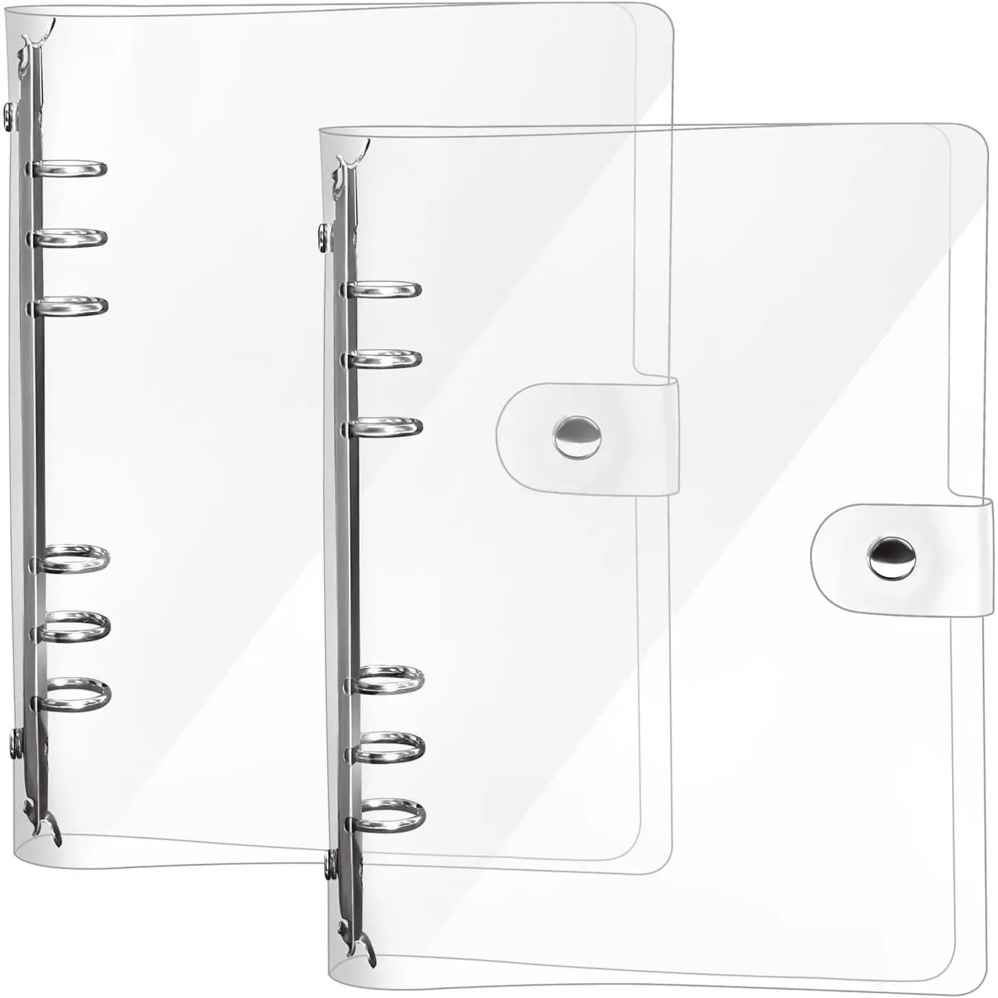 2 Pack A5 Transparent Soft PVC 6-Hole Binder Notebook Covers with Snap Button Closure - Refillable, Round Ring, for Cover Protection (Paper Not Included)