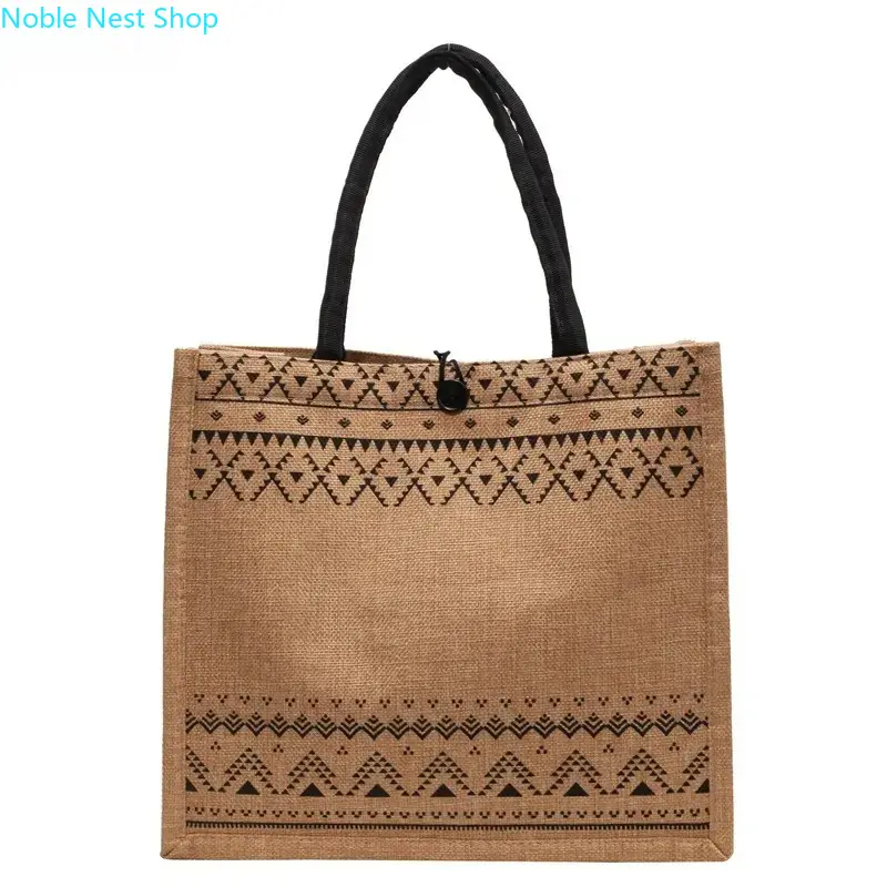 Women's Boho Aztec Geometric Jute Tote Bag - Structured, Roomy Shoulder Bag for Daily Grocery Shopping