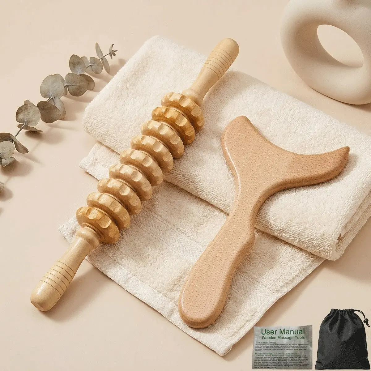 Wooden Lymphatic Massage Tool Set, Lymphatic Drainage Tool, Full Body Muscle Relaxer, Ideal for Leg and Back Home Care, 2-Piece Kit for Wellness, Massagers