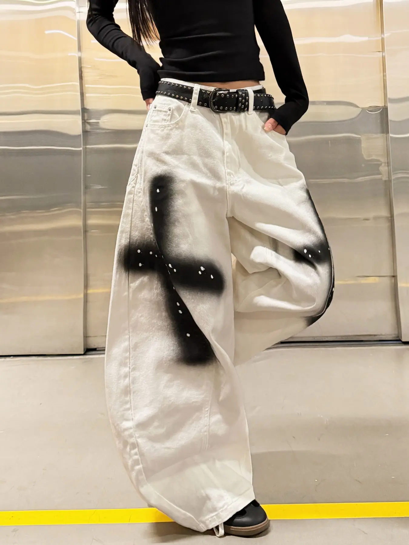 Women's Cross Print Denim Jeans, Y2K Street Fashion Loose Fit Long Pants, Casual Daily Wear, Multiple Colors Available, No Belt Included