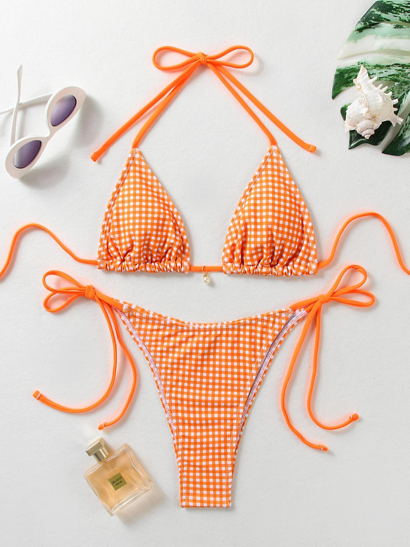 Two-piece Set Women's Gingham Print Halter Ruched Bikini Set, Casual Fashion Chic Swimwear Set for Beach Holiday Vacation, Ladies Swimsuit for All Seasons