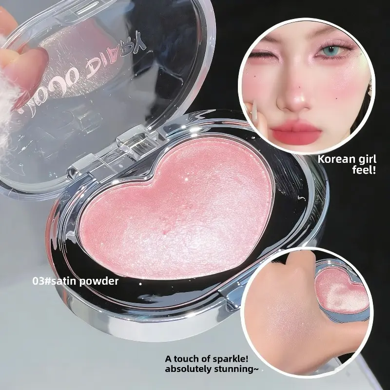 Heart Shaped Shimmer Highlighter Powder, Champagne/Satin Pink/Silver White Fine Glitter, Dazzling Diamond Pearl Finish, Facial Contour Highlight for Daily & Stage Makeup, Friendly for Beginners
