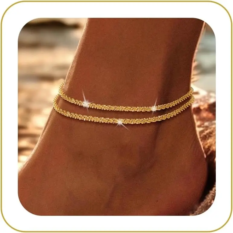 Ankle Bracelets  Women, Glitter Waterproof Adjustable Anklet  Women, 14K Gold Plated/Sterling Silver Layered Anklets, Summer Beach Anklet Jewelry  Women Gift New model