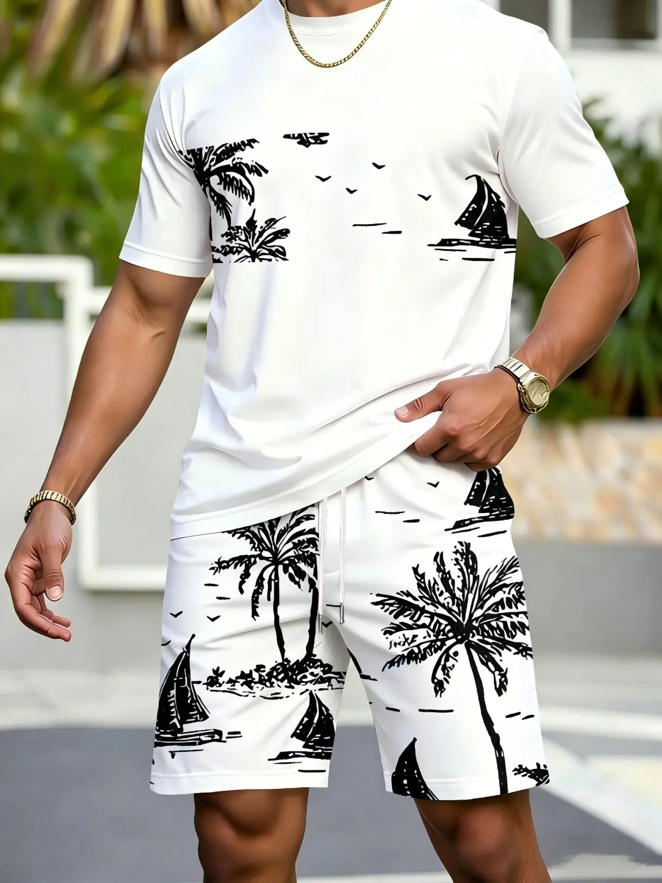 Men's Casual Graphic Summer Co-ord Set, Tropical Coconut Tree Print Short Sleeve T-Shirt & Drawstring Waist Shorts for Vacation & Beach, Two-Piece Set, Travel Wear
