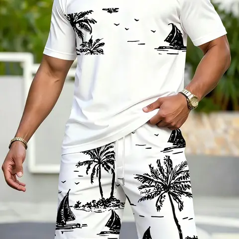 Men's Casual Graphic Summer Co-ord Set, Tropical Coconut Tree Print Short Sleeve T-Shirt & Drawstring Waist Shorts for Vacation & Beach, Two-Piece Set, Travel Wear, Menswear