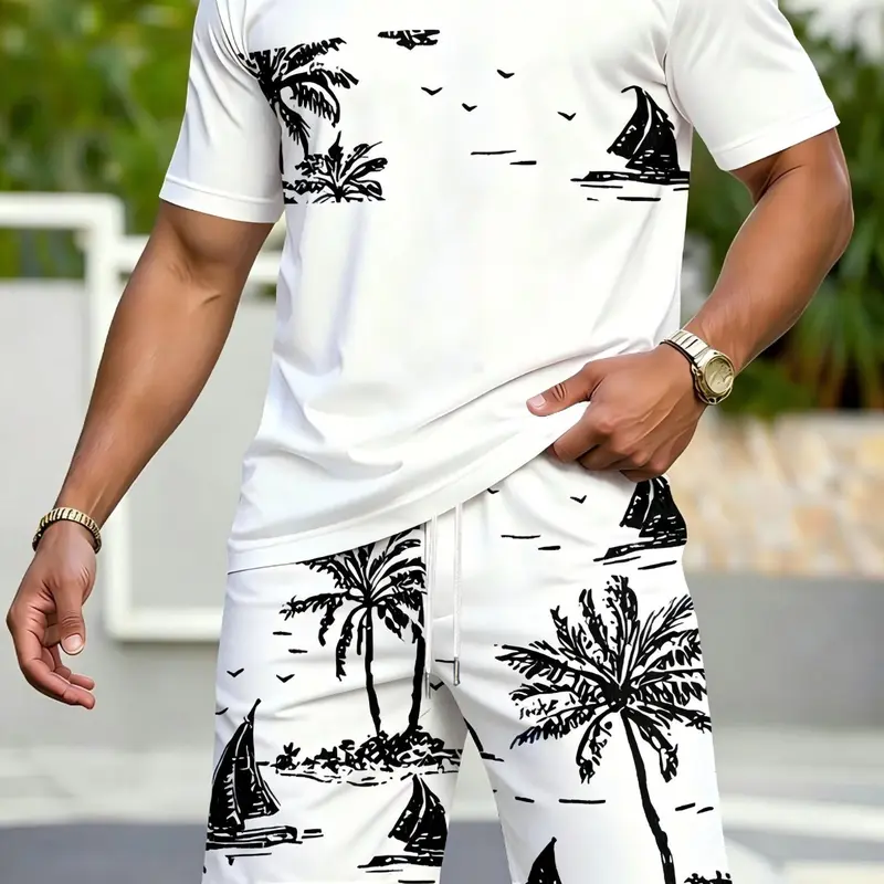 Men's Casual Graphic Summer Co-ord Set, Tropical Coconut Tree Print Short Sleeve T-Shirt & Drawstring Waist Shorts for Vacation & Beach, Two-Piece Set, Travel Wear, Menswear