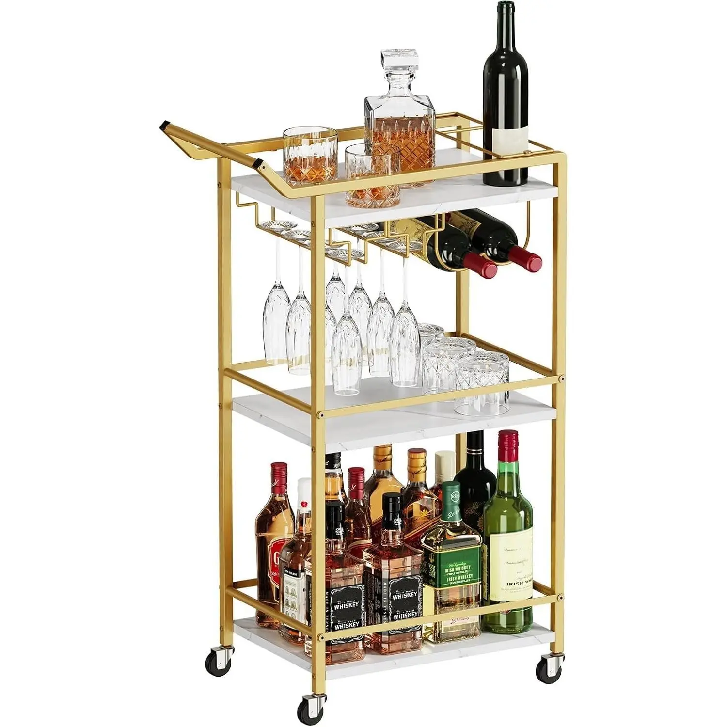 3 Tier Bar Cart Mini Liquor Utility Cart for Wine Beverage Dinner Party | Rolling Wine Coffee Drink Serving Cart with Lockable Wheels for Home Kitchen Bars (Gold)