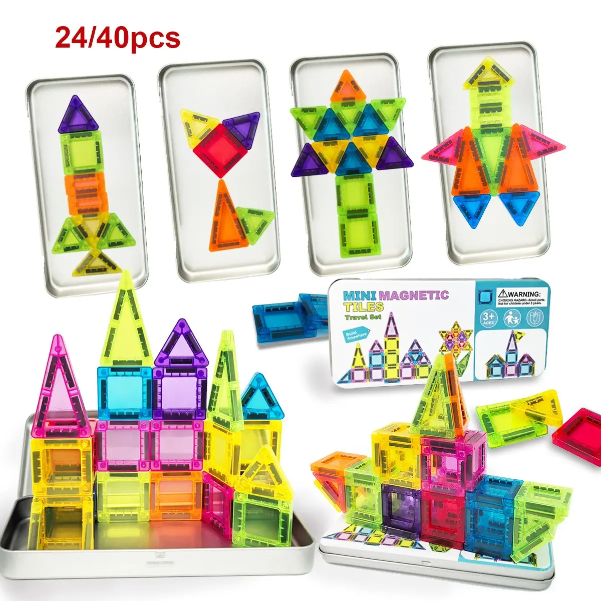 Mini Magnetic tiles, Magnetic Building Blocks with Iron Box , one box (24/40PCS) Magnet Toys Travel Size On-The-Go Construction Set STEM Travel Toys for Boys and Girls Ages 3+