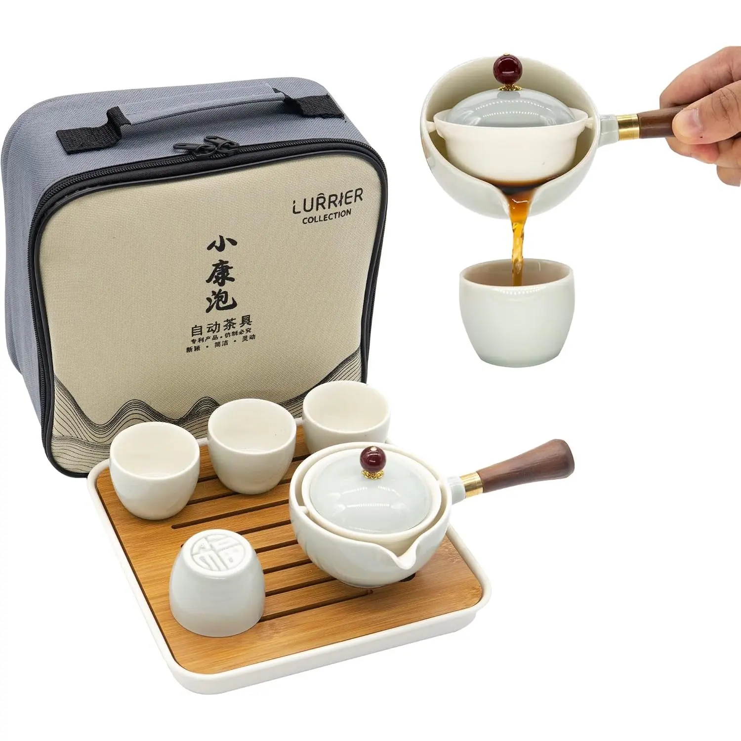 Portable Chinese Gongfu Porcelain Tea Set, 360° Rotation Teapot with Infuser, All-in-One Gift Bag for Travel Home Outdoor Office (Cyan Grey)