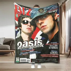 Ultra-Soft Flannel Blanket, Rock Style Throw, Replicates Bizz Magazine Cover, British Flag Background, Oasis Band Print, 90s Uk Rock Vibes