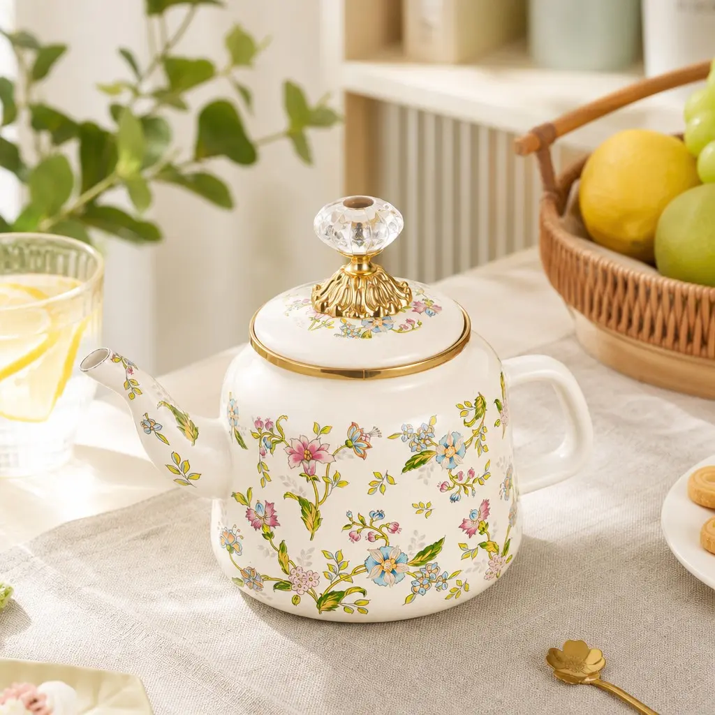 Vintage Bohemian Floral Enamel Teapot, Handmade Coffee Pot and Water Jug, Ideal for Home, Restaurant, Outdoor Tea Time