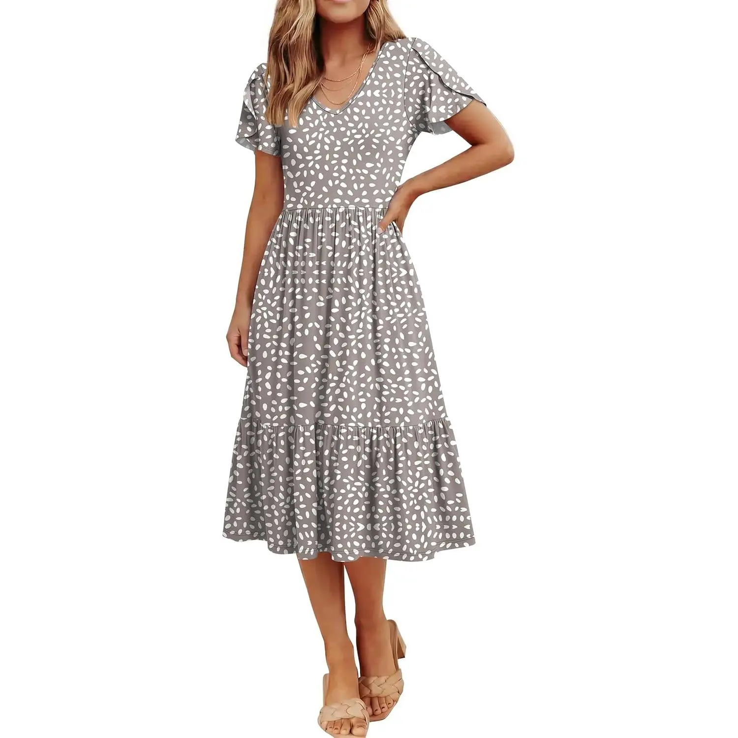 Women's Summer V-Neck Short-Sleeve Bohemian A-Line Floral Flowy Tiered Layer Midi Dress with Pockets - Boho Casual Fashion, Beach Vacation, Casual Wear