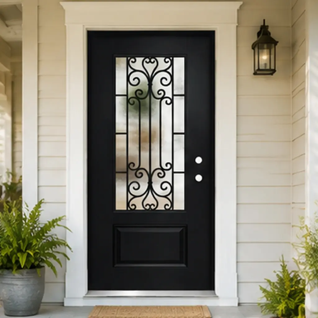 ARCH 36x80 Fiberglass Entry Door with Wrought Iron Decorative Glass, Black 4-9/16in Frame, Left Hand Inswing, Mahogany & Linear Textured Front Door for Home, Garden & Outdoor Use, Combo Kit, Black Color Options, Fiberglass Material