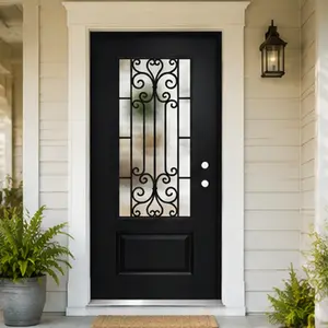 ARCH 36x80 Fiberglass Entry Door with Wrought Iron Decorative Glass, Black 4-9/16in Frame, Left Hand Inswing, Mahogany & Linear Textured Front Door for Home, Garden & Outdoor Use, Combo Kit, Black Color Options, Fiberglass Material