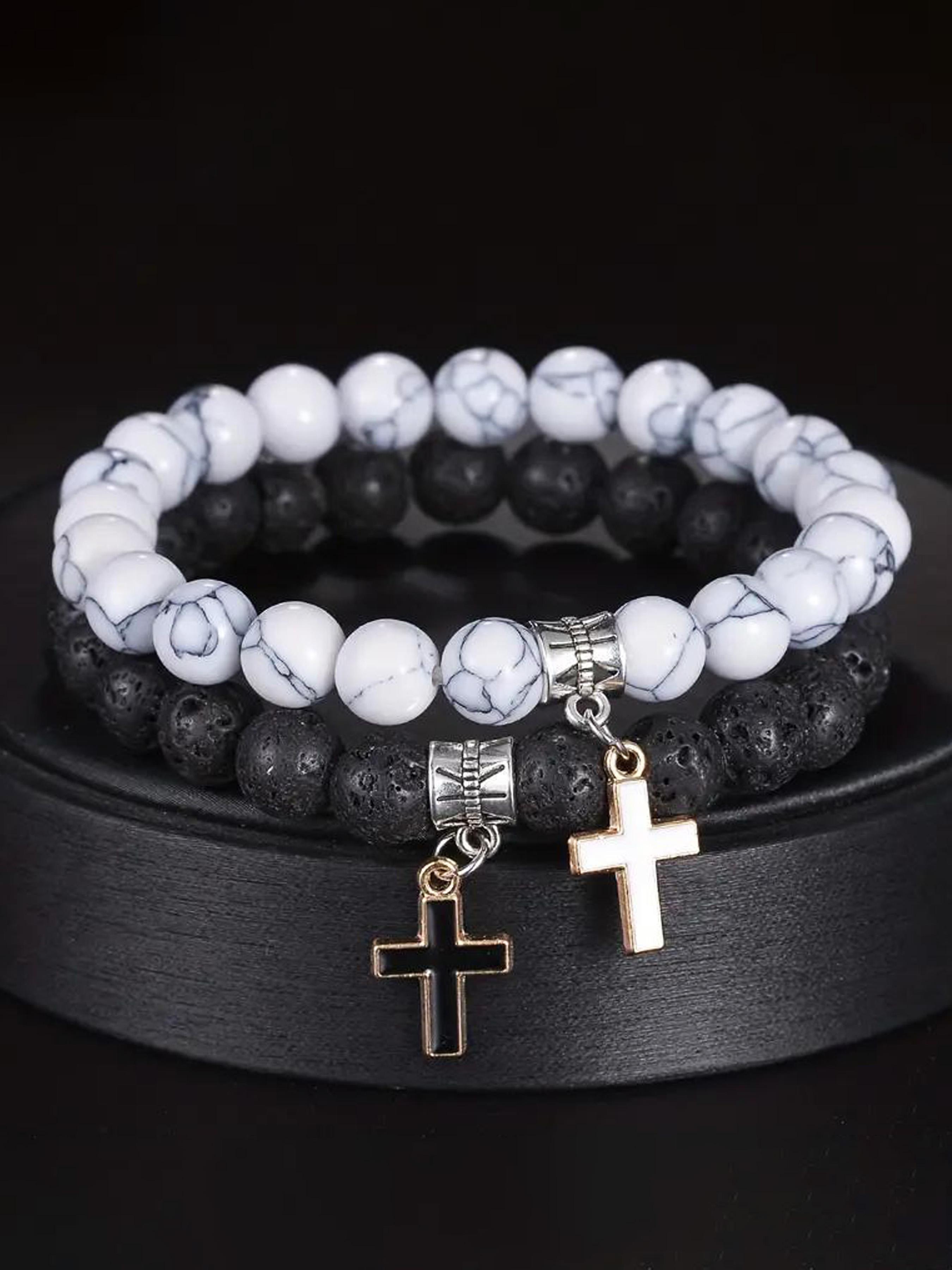 Stone & Cross Charm Decor Beaded Bracelets Set, Fashionable Jewelry for Women & Men, Trendy All-match & Exquisite Jewelry for Birthday Gift, Stackable Bracelets