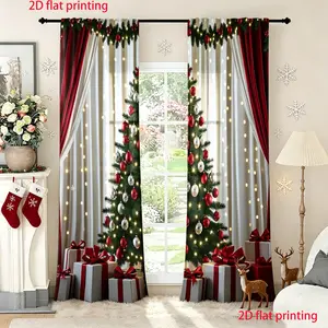 2-piece set of red retro Christmas themed curtains, European and American home Christmas atmosphere, universal home curtains, semi blackout polyester fabric curtains