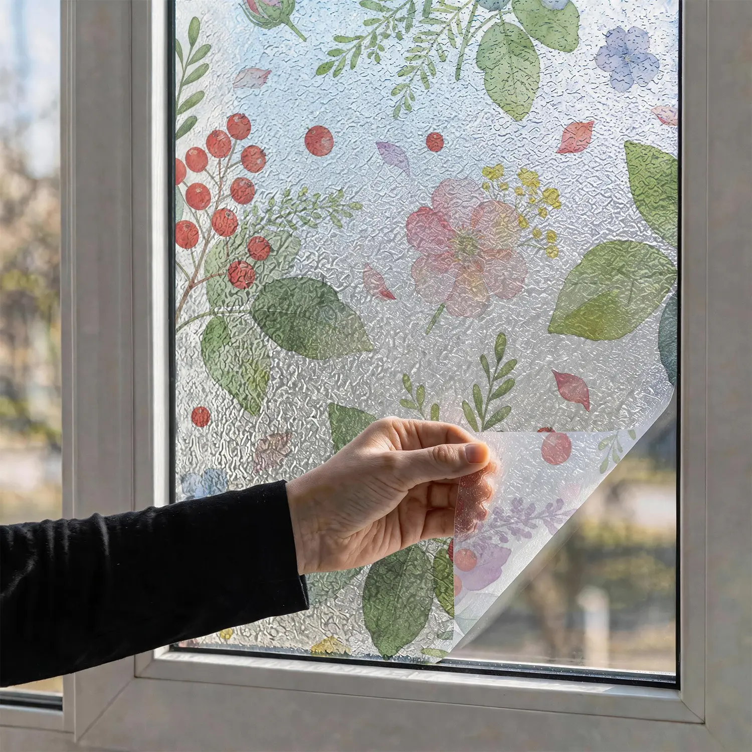 Watercolor  Floral Static Cling Window Film, No Glue Removable Privacy Frosted Glass Sticker, Decorative Stickers, Anti-UV Decorative Window Decal for Bathroom Kitchen Balcony Home Decor