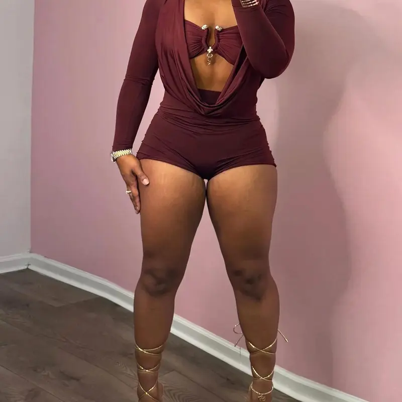 DOUCIU Women's Solid Color Basic Simple All-match Cool Metal Decor Cut Out Romper Casual Street Fashion Long Sleeve Romper for Nightclub Music Festival Ladies Summer Clothes Bodycon Jumpsuit One Piece Jumpsuits Womenswear