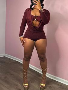 women's solid color metal decor cut out romper, street fashion long sleeve romper for nightclub music festival, ladies summer clothes, womenswear