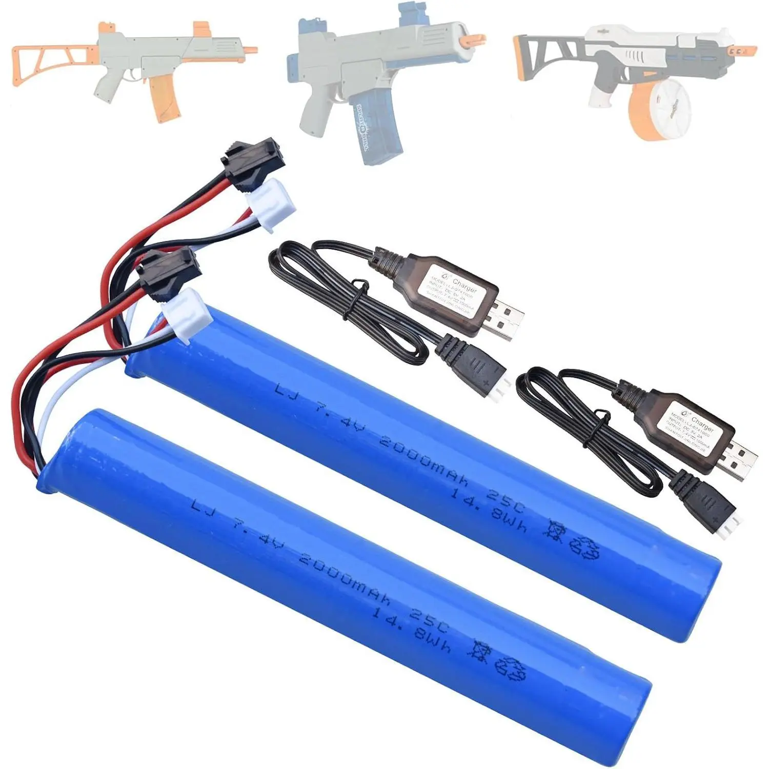 Water Bead Gel Ball Blaster 7.4V 2000mAh Rechargeable Battery with Charging Cable, Airsoft Gel Ball Blaster Battery for SRB400, SRB-400 SUB and SRB1200 (2-Pack)