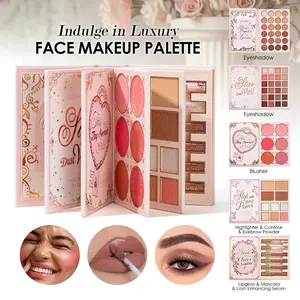 Luxury gold-trim all-in-one makeup palette includes eyeshadow, blush, contour and lip makeup. Smooth blendable shades suit daily looks, perfect for beginners to create charming makeup and convenient for travel touch-ups.