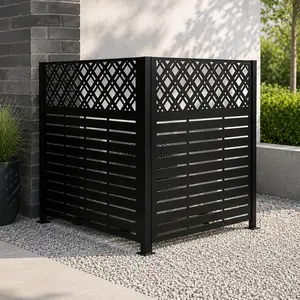 48" W x 47.3" H Iron 2-Panel Metal Privacy Screen, Outdoor Fence Enclosure with Ground Nails & Connectors, Modern Decorative Hideaway for AC Unit/Trash Can, Black