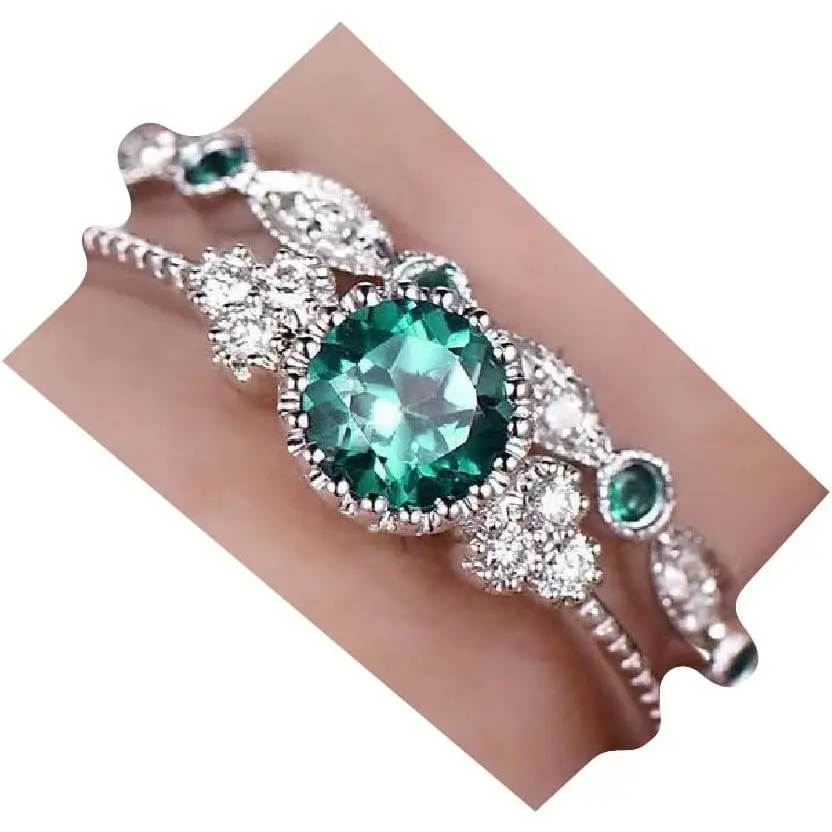 Fashion 2PCS Silver Natural Emerald Ring Round Cut Cubic Zirconia Promise Rings CZ Classical Eternity Engagement Wedding Band Ring Set for Women (US Code 10)