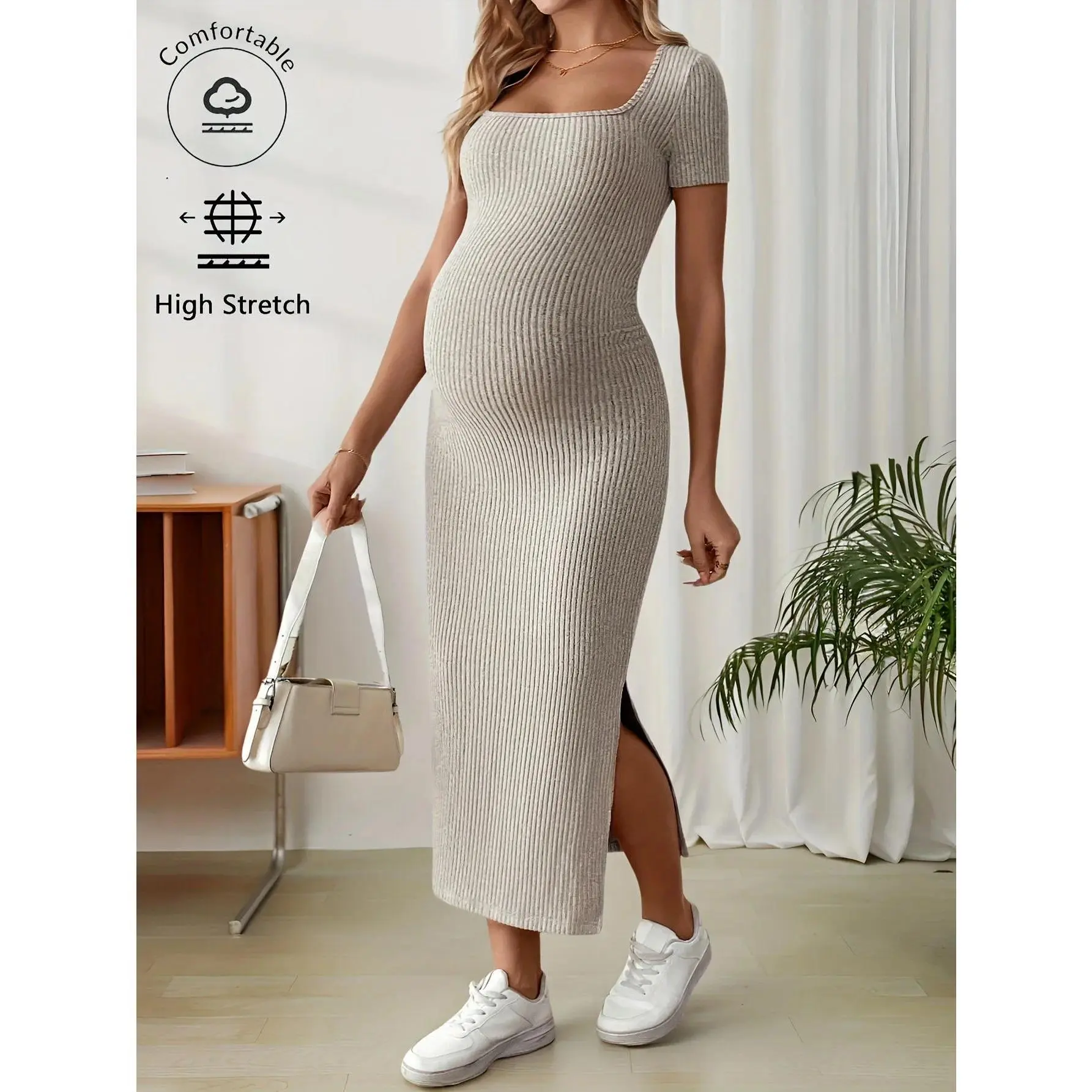 Pregnancy clothesWomen's Fitted Short-Sleeve Maternity Dress - Summer Casual Maternity Wear, Comfortable Pregnancy Outfits