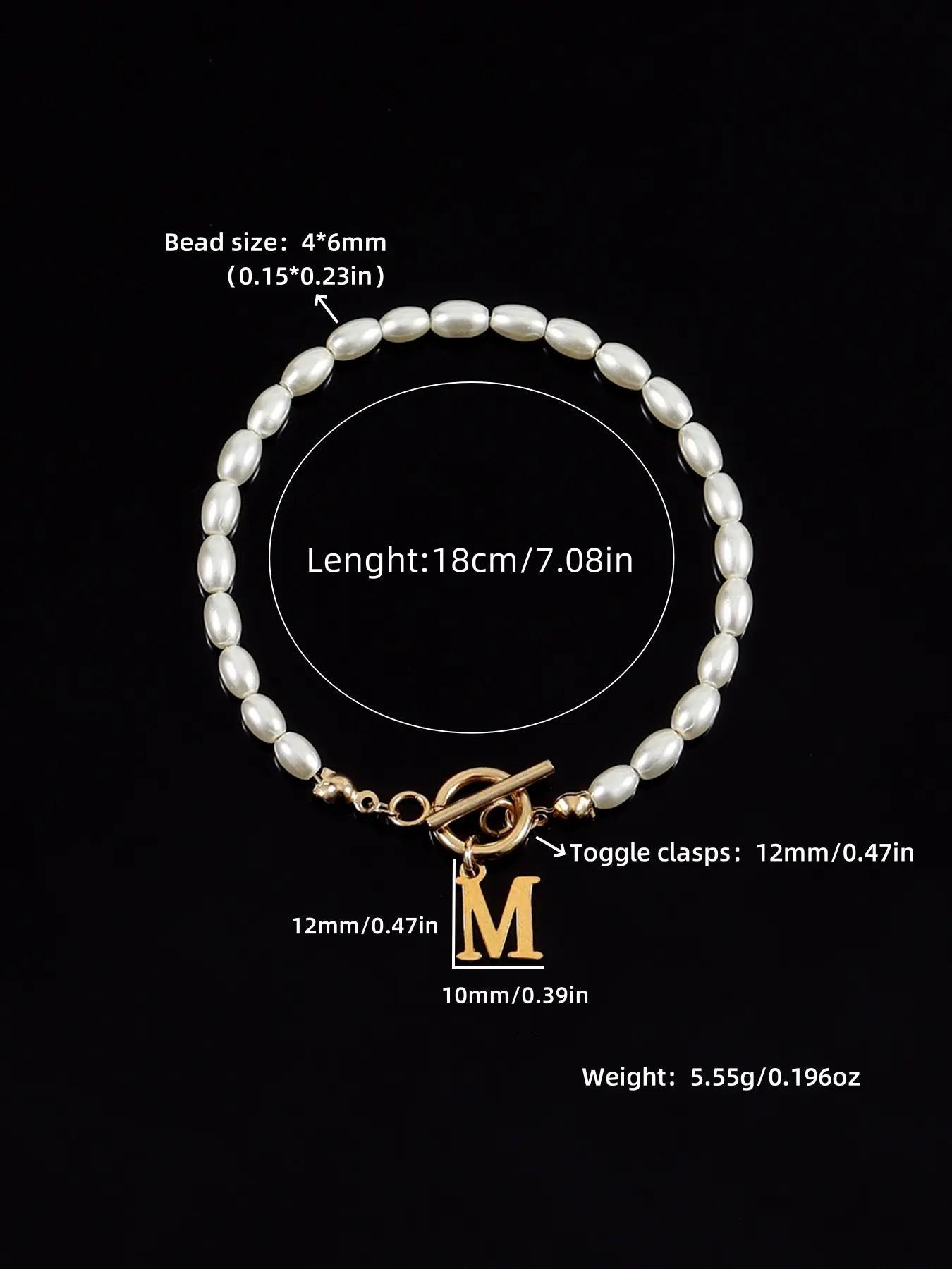 2024 Summer Women's Letter Initial Detail Faux Pearl Decor Bracelet Back To School, Stainless Steel Ot Buckle Matching Jewelry, Chain Clean Girl Accessories, Fall Outfits, Fall Freshness Fall, Letter Link Bracelet