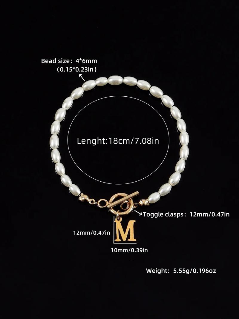 2024 Summer Women's Letter Initial Detail Faux Pearl Decor Bracelet Back To School, Stainless Steel Ot Buckle Matching Jewelry, Chain Clean Girl Accessories, Fall Outfits, Fall Freshness Fall, Letter Link Bracelet