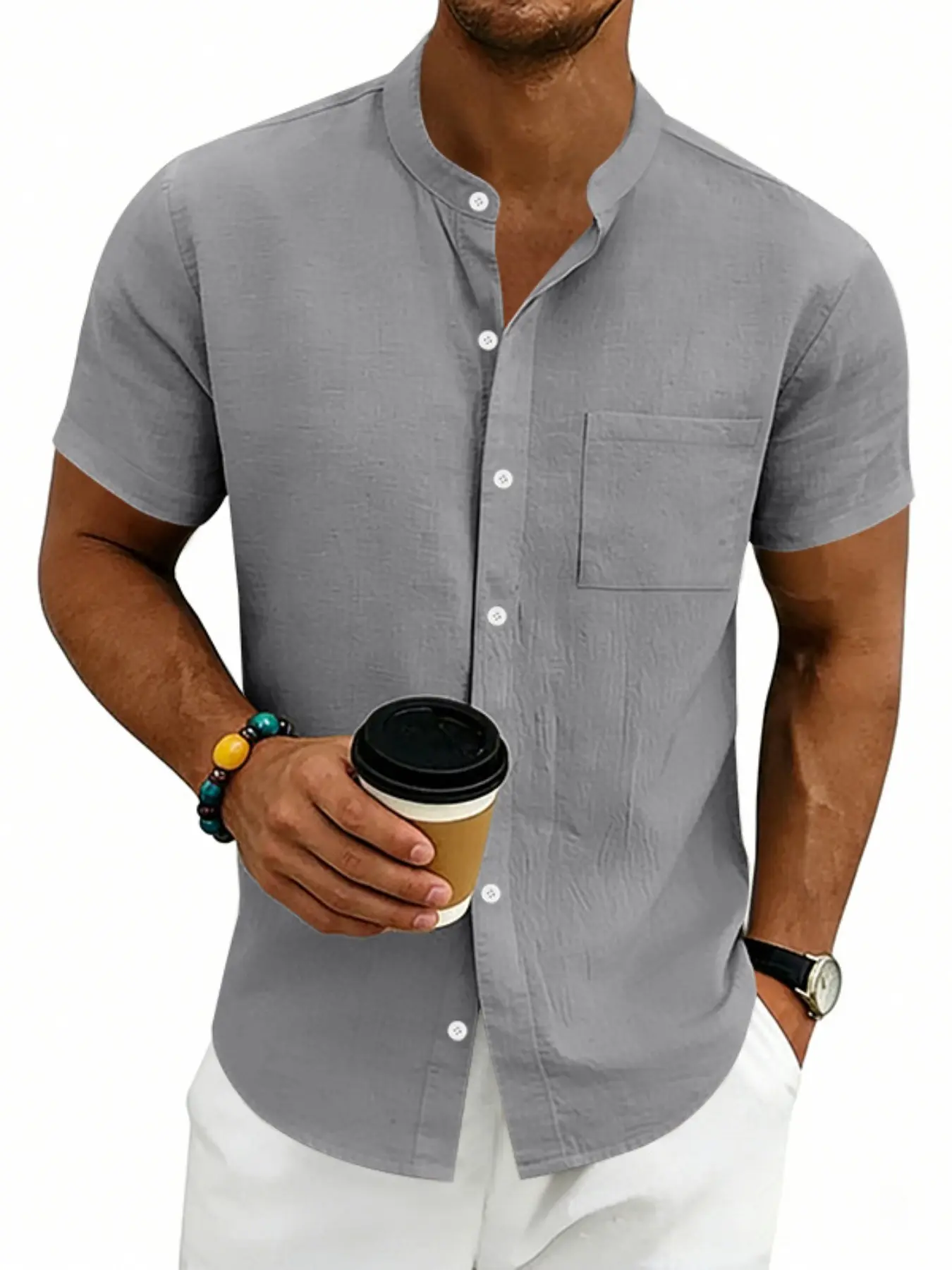 Men's Summer Linen Shirt, Casual Hawaiian Style, Breathable Loose Fit Stand Collar Short Sleeve, Retro Plain Design, Wholesale Export