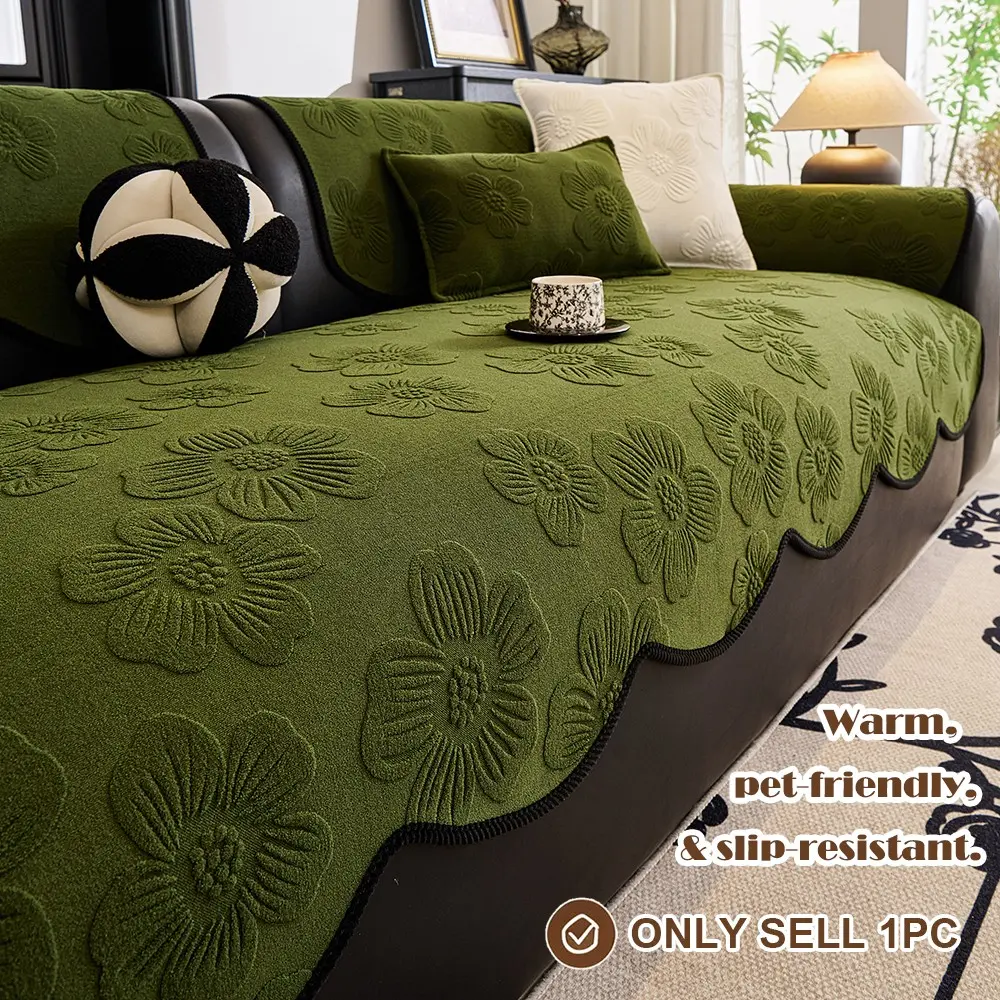 Floral Embroidered Thick Plush Sofa Cushion, High-End Fashion Non-Slip Durable Sofa Pad, Pet-Friendly, Soft Comfortable, All Season Use