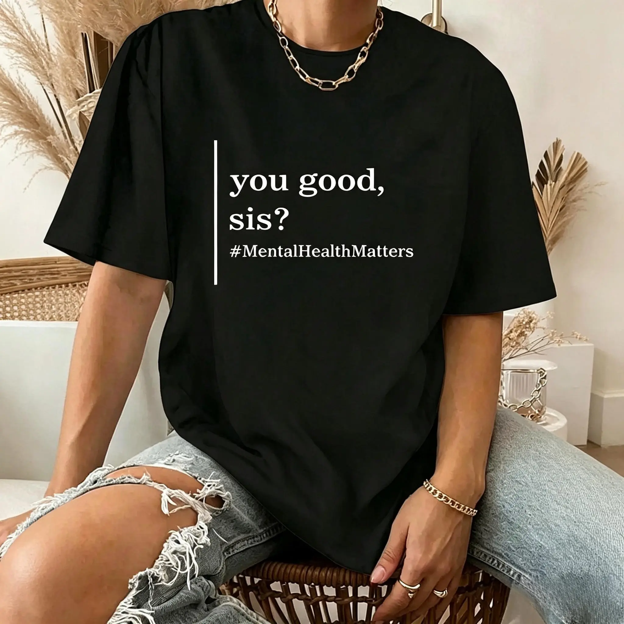 Women's Fitted Short-Sleeve Polyester Print Round Neck T-Shirt - Therapist-Inspired Athletic Top with Positive Mental Health "You Good Sis" Message, Minimalist Casual Streetwear for Party, Printed, All Over Print