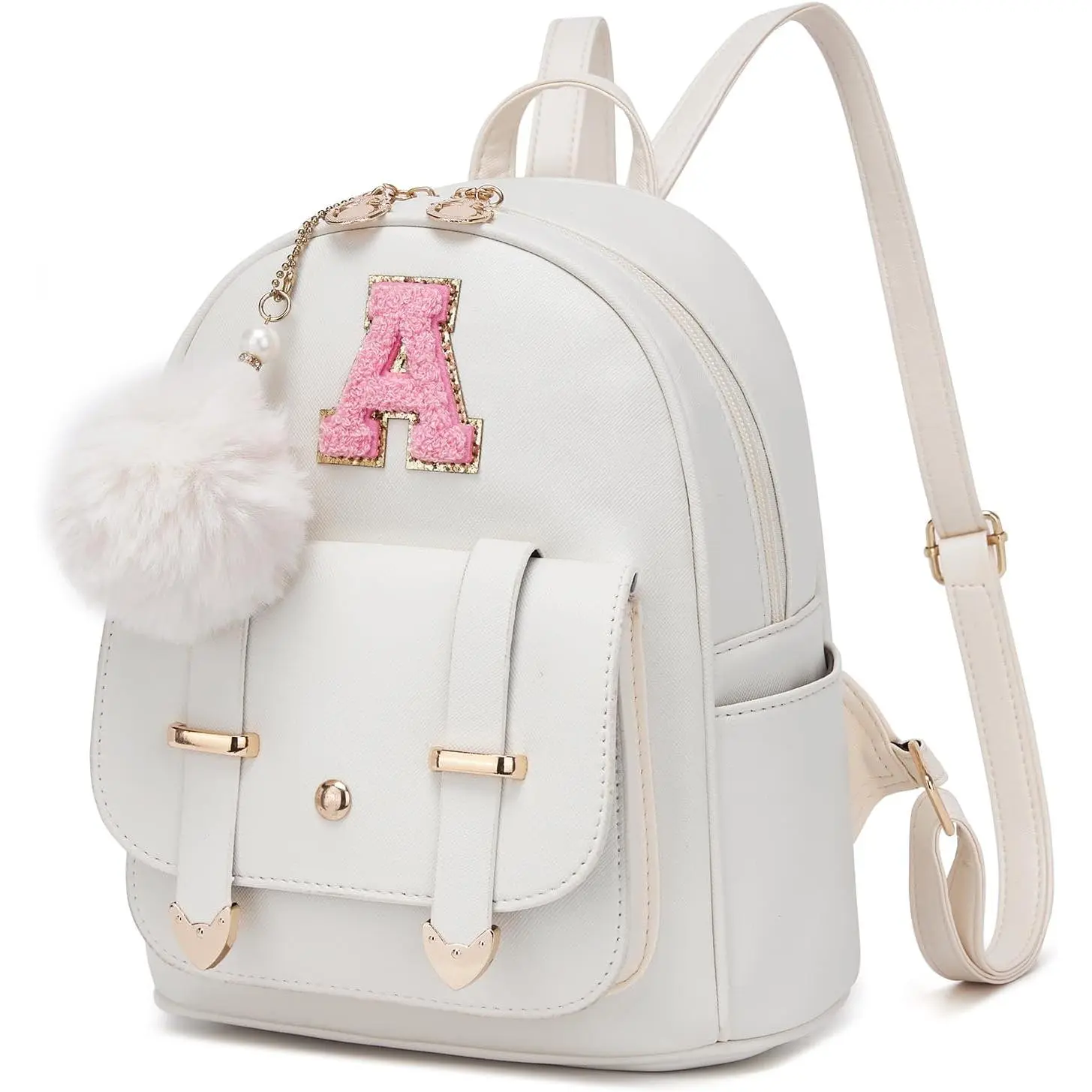 Women's Modern Compact Letter Print Leather Mini Backpack - Personalized Initial A, Main Ziplock, Multiple Pockets, Pompom Accent, White - Ideal for Gifts, Travel