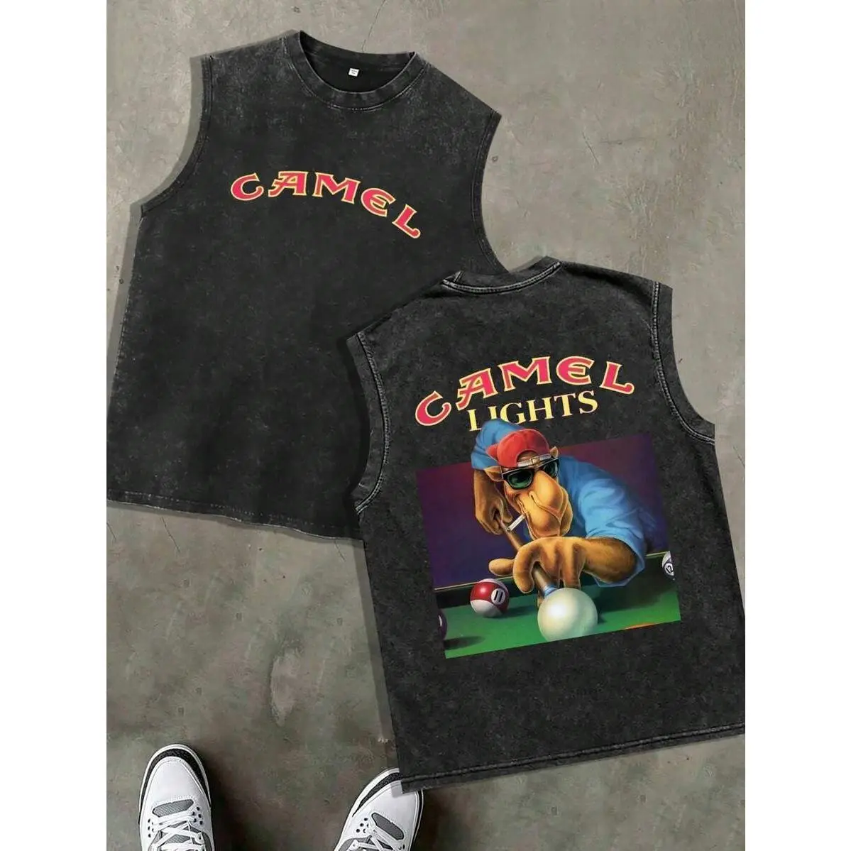 Unisex Retro‑Billiards‑Aesthetic Graphic Muscle Tank, Vintage Camel Pool‑Game Character Artwork Crew Neck Sleeveless Top, Trendy Streetwear Top for Festivals, Picnics, City Hangouts, Style with Retro‑Theme Trucker Hat