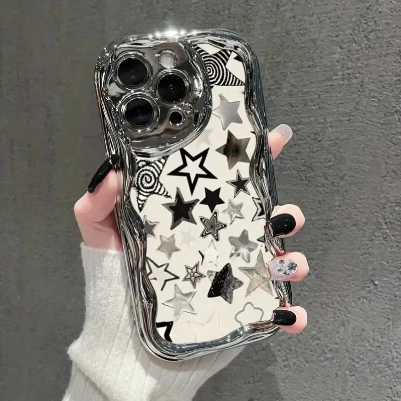 Electroplated Silicone Wavy Frame Star Print Phone Case for Phone 11 12 13 14 15 16 17 Air Pro Max, Y2K Black White Multi-Star Pattern Shockproof Cute Aesthetic Protective Cover For Girls Women