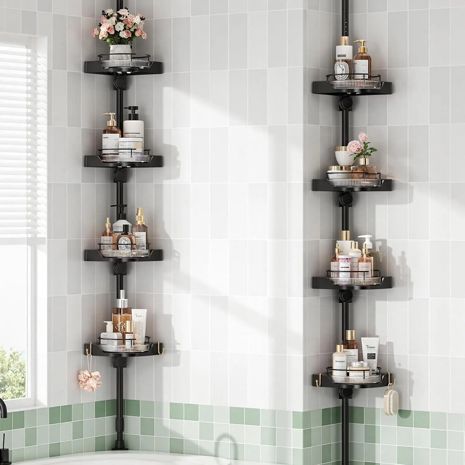 360° Rotating Corner Shower Caddy Tension Pole Organizer - 4-Tier Adjustable Rustproof Metal Pole, Plastic Shelves with Safety Guardrail, Bathroom Storage for Shower & Bathtub(Black)