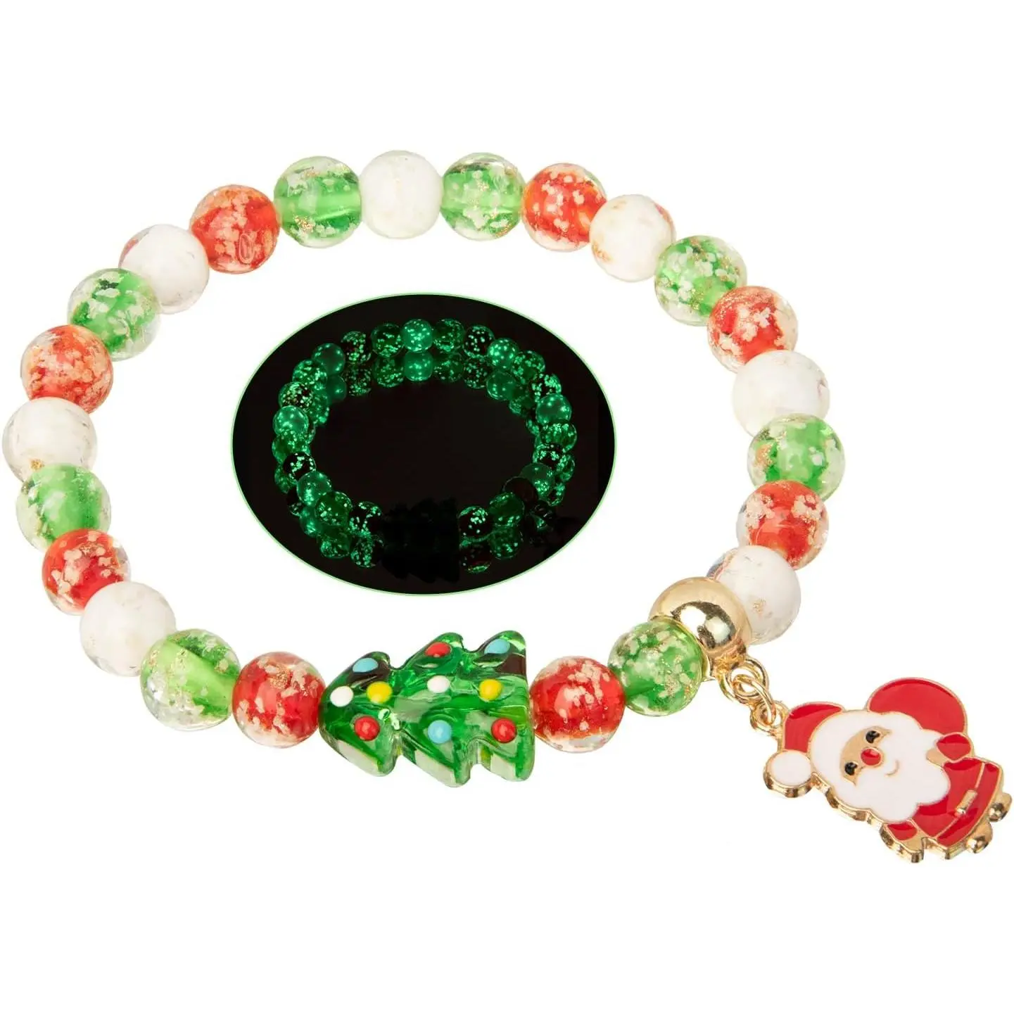 Christmas Glow Beaded Bracelets - Green Red Xmas Tree Glass Beads Bracelet for Women Teens as Christmas Decorations Xmas Party Gifts