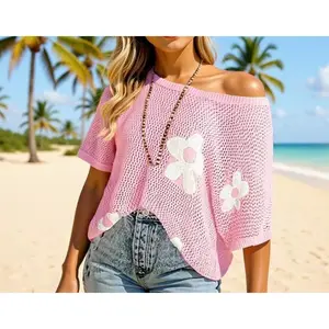 Women's Summer Crew Neck Short Sleeve Sweater Casual Jacquard Crochet Hollow Knitted Top Pullover Shirt Beach Blouse swimsuit cover vacation outfit