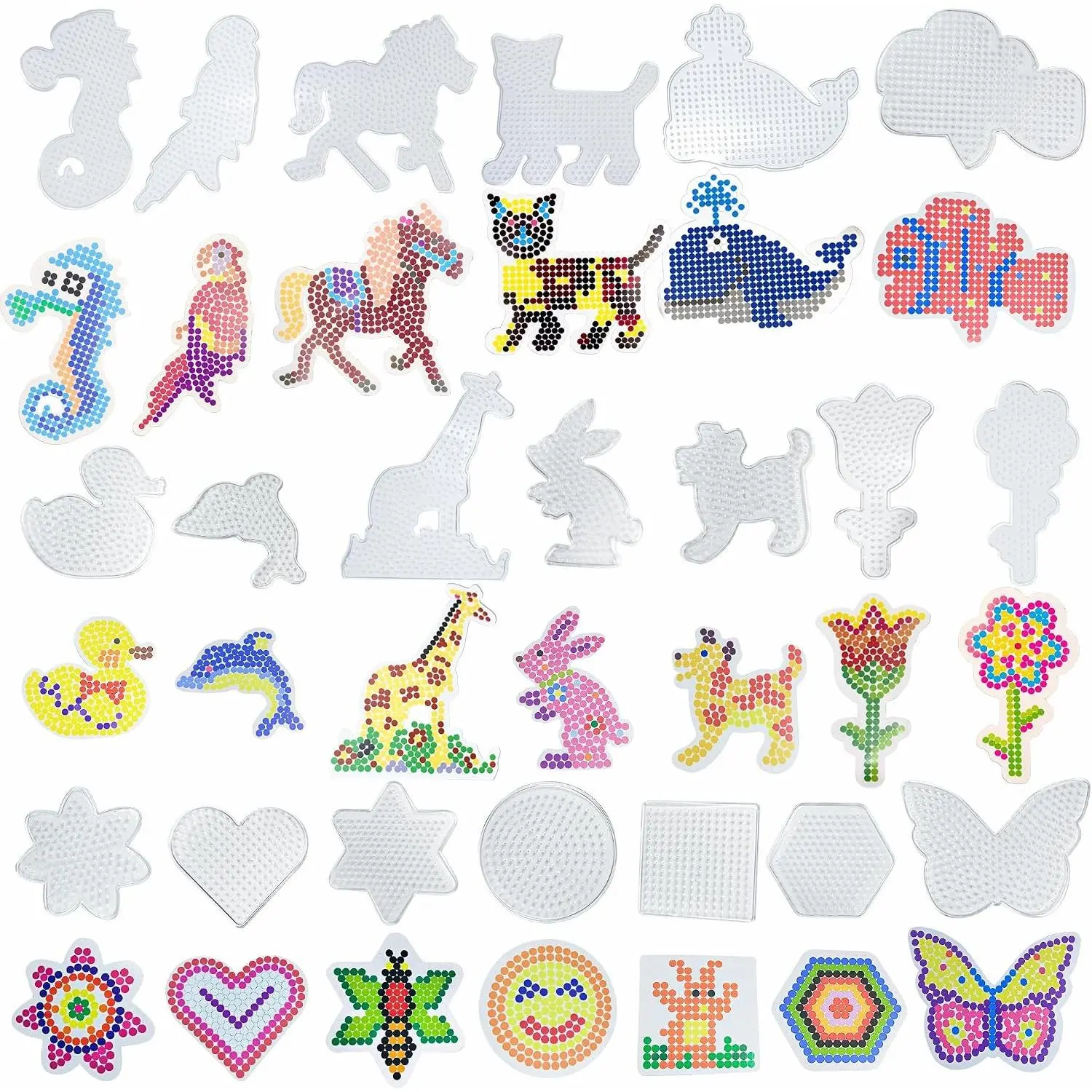 20PCS 5mm Fuse Bead Board - 20pcs Different Shapes Patterns, Fuse Beads Pegboards is Suitable for Children's DIY Crafts, Includes Seahorses, Parrots, Horses and More.