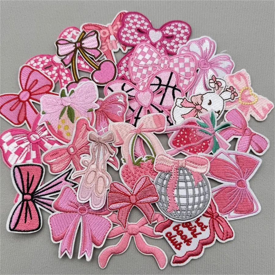 25pcs Bow Embroidered Iron on Patches, Cute Heart Embroidery Strawberry Disco Ball, DIY Sew on Patches for Clothing, Kawaii Aesthetic Patch Set