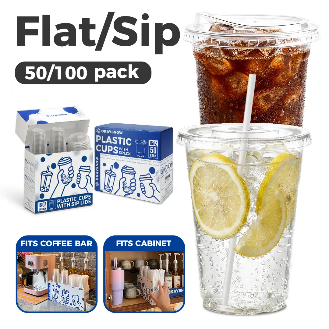 Clear Plastic Cups with Flat & Sip Lids, 50/100 Pack To-Go Cups with Straws & Storage Box for Iced Coffee, 16oz–24oz