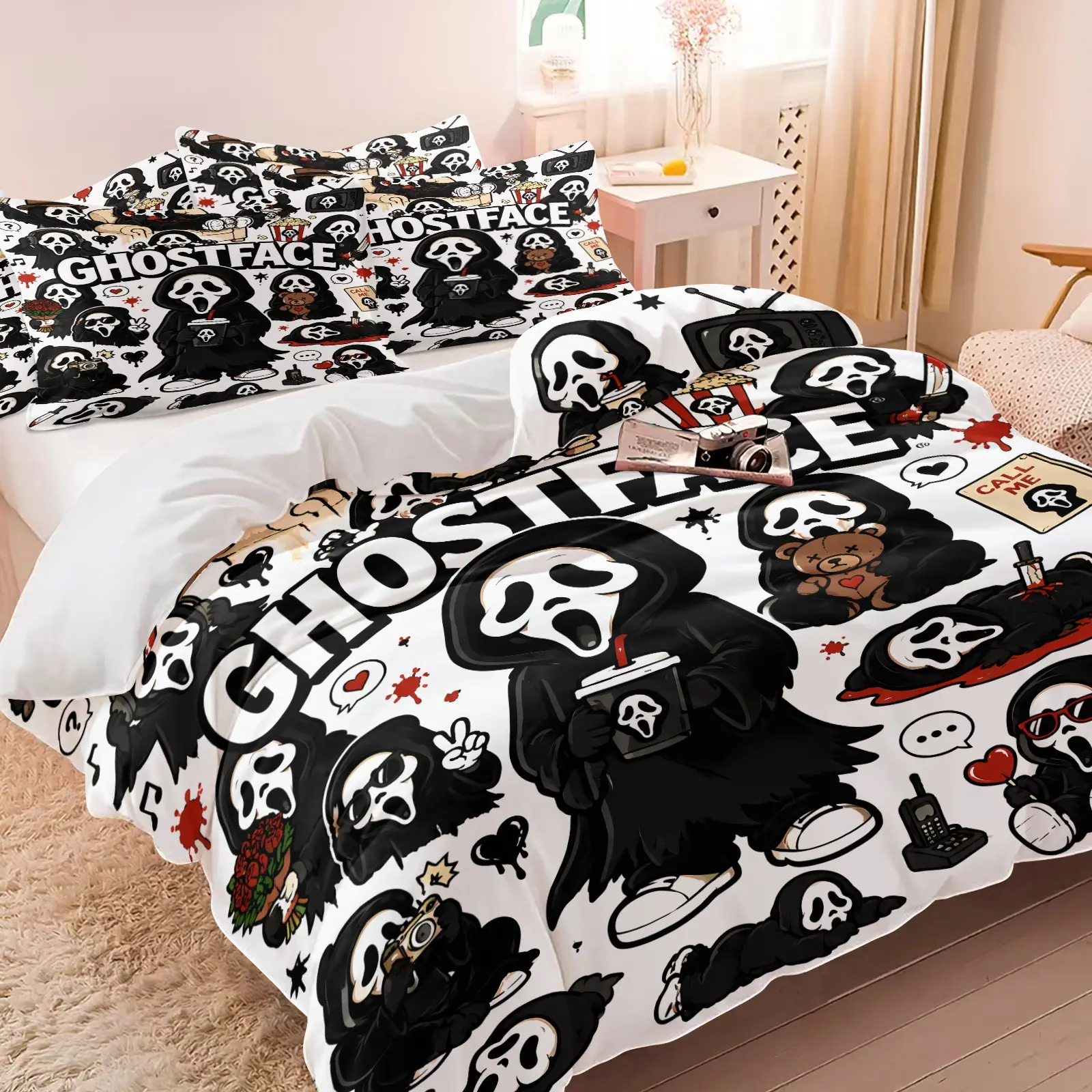 White Base Q Version Ghostface Killer Knife Blood Print Duvet Cover Set & 1-2 Pillowcases, Cute Dark Cartoon Patchwork Design, Soft Comfort Bedding, Movie Fans Bedroom Gaming Room Halloween Room Decor